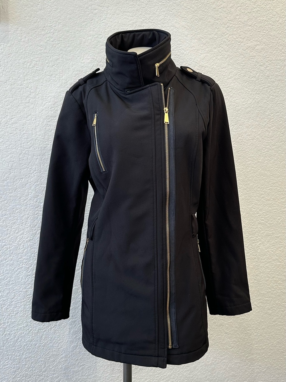 Avanti Black Asymmetric Zip Trench Coat